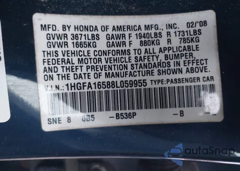 2008 Honda Civic Lx from USA, damaged, VIN 1HGFA16588L059955